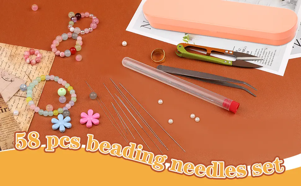 58 Pcs Beading Needles Set,50 Pcs Long Straight Beading Thread Needles, 8 Pcs Big Eye Beading Needles with Threader, Needle Bottle, Yarn Scissors,Tweezers for Bracelets and Jewelry Making - Beading Needles Set