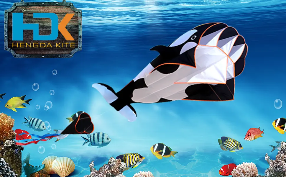 Hengda KITE-3D Kite for Kids & Adults, Huge Frameless Soft Parafoil Giant Black Dolphin Orcas Whale Breeze Kite - orcas kite