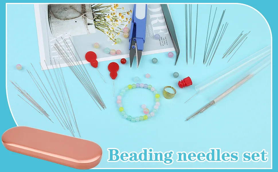 100 Pcs Beading Needles Set,75 Pcs Long Straight Beading Thread Needles 18 Pcs Big Eye Beading Needles with Threader, Needle Bottle, Yarn Scissors,Tweezers for Bracelets and Jewelry Making - Beading Needles Set