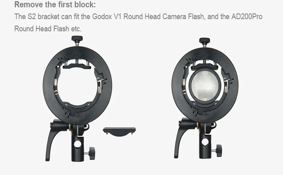 Godox S2 Speedlite S-Type Bracket Bowens Mount Flash Holder for Godox V1 AD200Pro AD400Pro AD200 and Other Flashes, Precise Tilt Control, Large Handle, Integrated Umbrella Mount - Godox S2