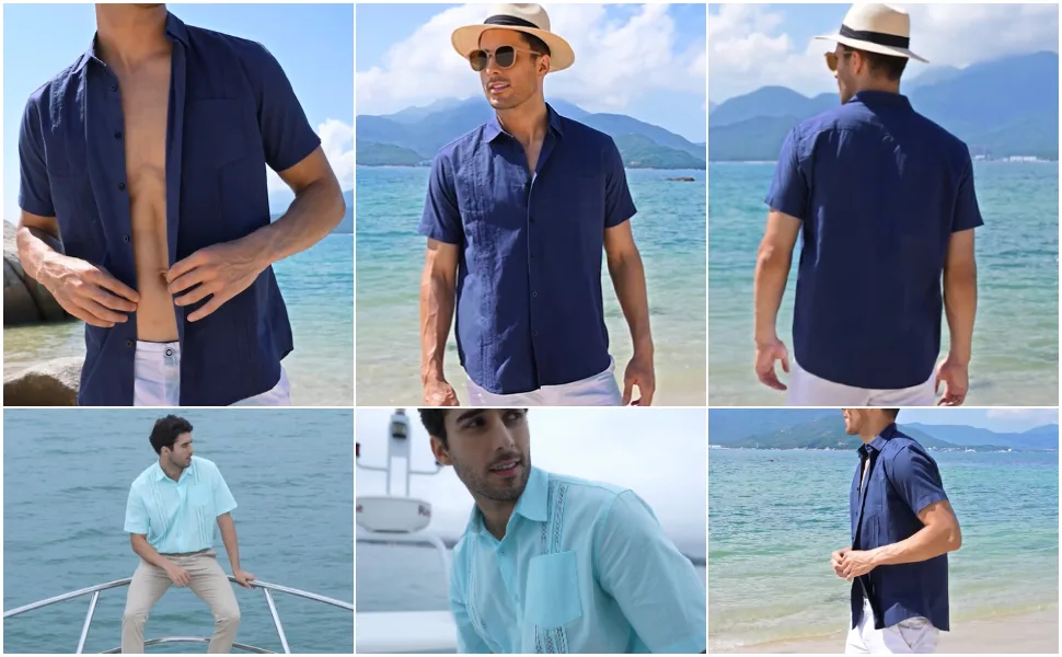 COOFANDY Men's Short Sleeve Linen Shirt Cuban Beach Tops Pocket Guayabera Shirts XX-Large 1 - Navy - product information 12