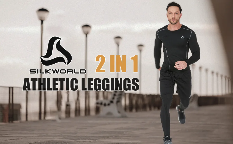 SILKWORLD Men's 2 in 1 Running Pants Compression Athletic Pants Workout Legging with Zipper Pockets Large 1-black - mens running pants