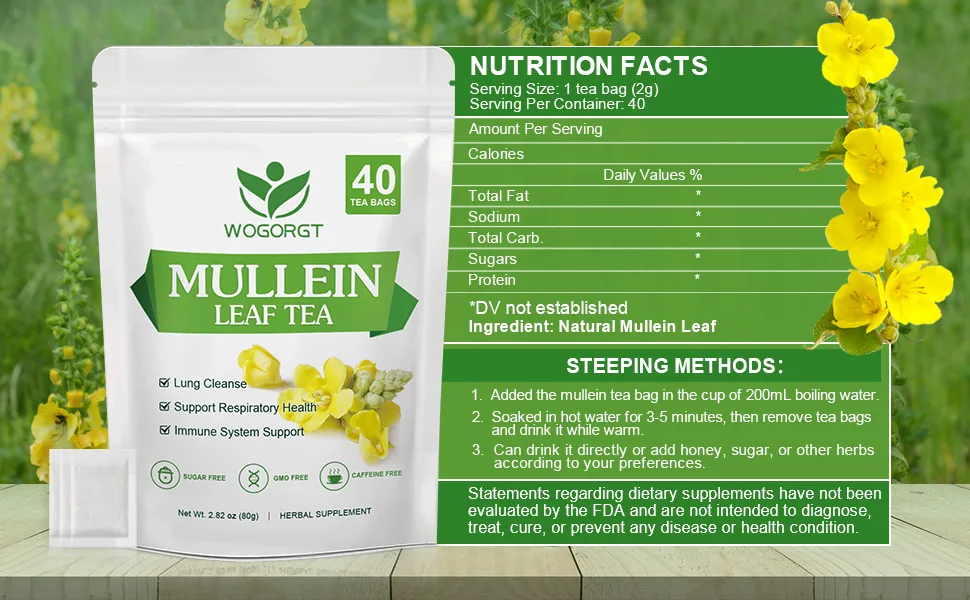 Mullein Tea Bags - Natural Mullein Leaf Tea for Lungs Cleanse and Respiratory Support, Caffeine Free - 40 Tea Bags - organic mullein leaf-4