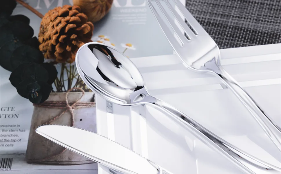 N9R 200pcs Plastic Silverware Set, Silver Plastic Cutlery Including 100pcs Forks, 50pcs Spoons, 50pcs Knives, Disposable Silverware for Party/Everyday Use - 970*600