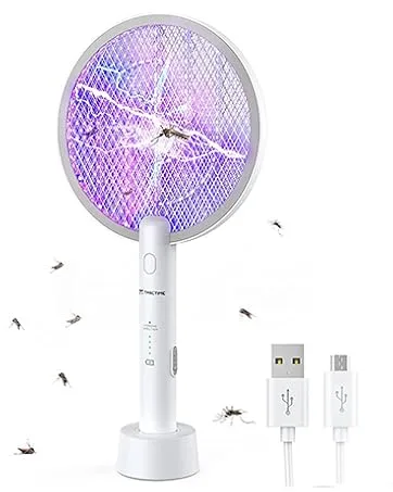 TMACTIME Electric Fly Swatter 4000V Bug Zapper Racket 2 in 1 Fly Zapper with USB Rechargeable Base and 3-Layer Safety Mesh for Bedroom Kitchen Patio and Outdoors 1PC - product information 3