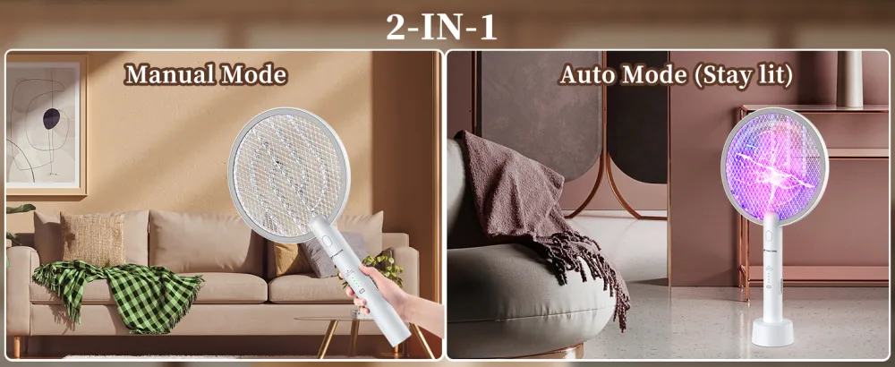 TMACTIME Electric Fly Swatter 4000V Bug Zapper Racket 2 in 1 Fly Zapper with USB Rechargeable Base and 3-Layer Safety Mesh for Bedroom Kitchen Patio and Outdoors 1PC - product information 4