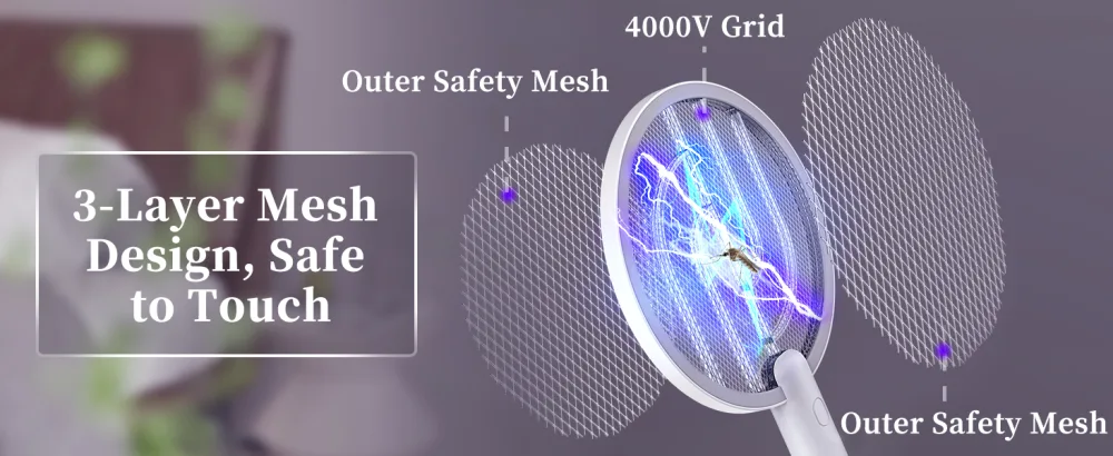 TMACTIME Electric Fly Swatter 4000V Bug Zapper Racket 2 in 1 Fly Zapper with USB Rechargeable Base and 3-Layer Safety Mesh for Bedroom Kitchen Patio and Outdoors 1PC - product information 6
