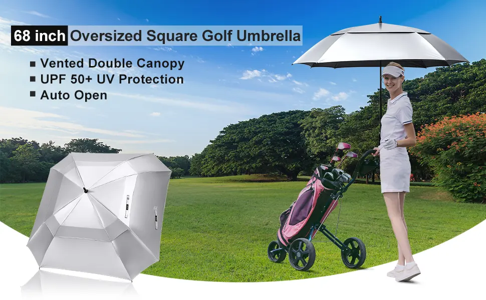 G4Free Extra Large Golf Umbrella 62/68 inch Vented Square Umbrella Windproof Auto Open Double Canopy Oversized Stick Umbrella UV Silver 68 Inch - UMBRELLA