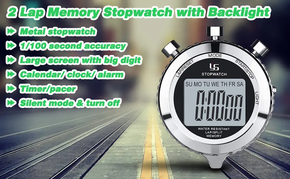 LAOPAO Stopwatch Metal Stopwatch Timer with Backlit 1/100th Second Precision 2 Lap Memory Digital Stop Watch for Coaches 2 Lap-backlit - product information 5