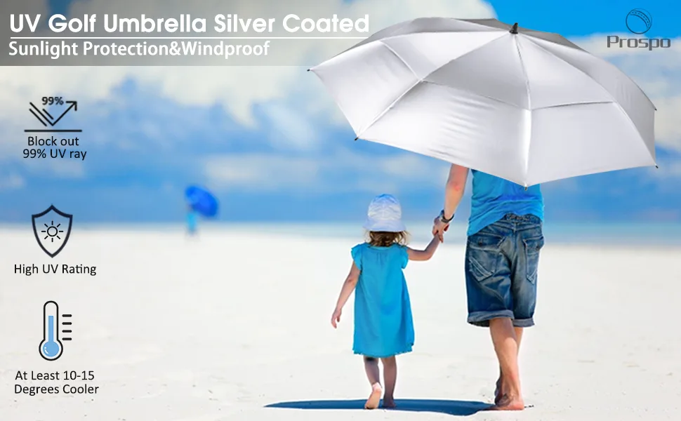 Prospo 68inch Golf Umbrella UV Protection Extra Large Oversized Heavy Duty Stick Umbrellas Auto Open Double Canopy Vented Sun Rain Umbrella Windproof Silver/Black 68 inch - UV UMBRELLA
