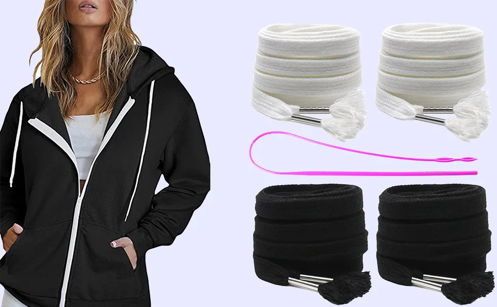 YZSFIRM 4 Pcs Flat Drawstring 51"Replacement Hoodie Sweatpants Drawstrings with Easy Threader Tool 01 Black and White - drawstring replacement