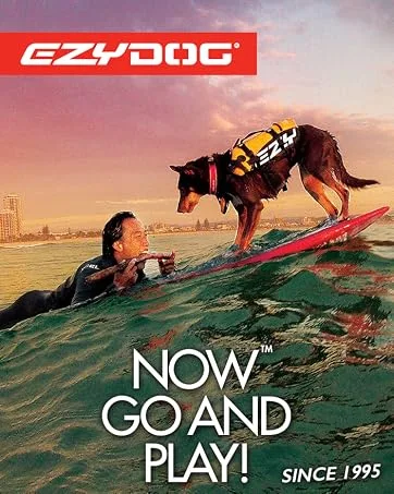 EzyDog DFD X2 Boost Dog Flotation Device - Adjustable Swim Life Jacket Preserver with Reflective Trim - Durable Grab Handle for Safety and Protection (M, Red) Medium Red - gog and man surfing and playing with life jacket and neoprene collar