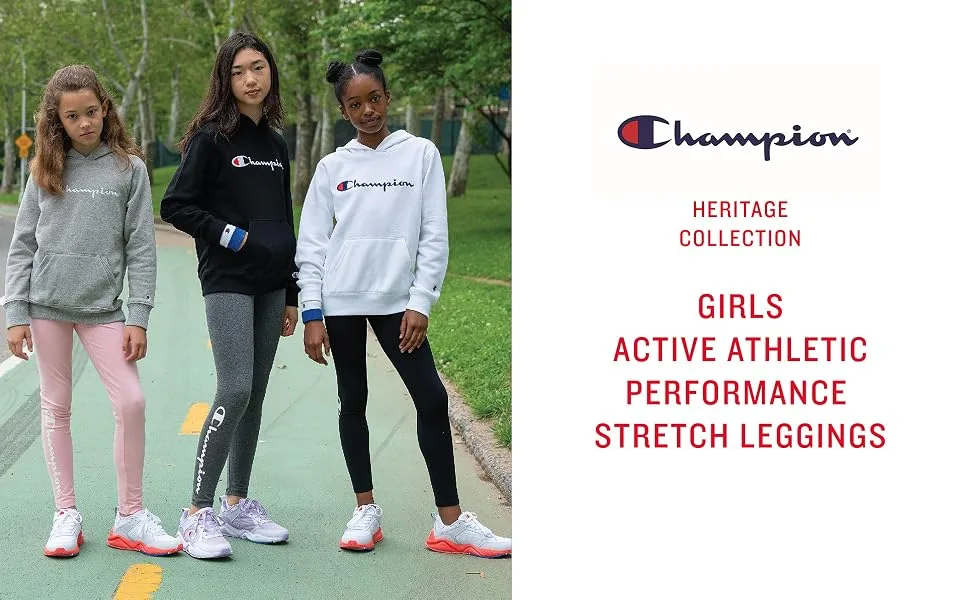 Champion Heritage Girls Performance Legging Stretch Pant | Active Athletic Pant Vivid Fuchisa Champion Script Aop Large - Girls Active Athletic Performance Stretch Leggings