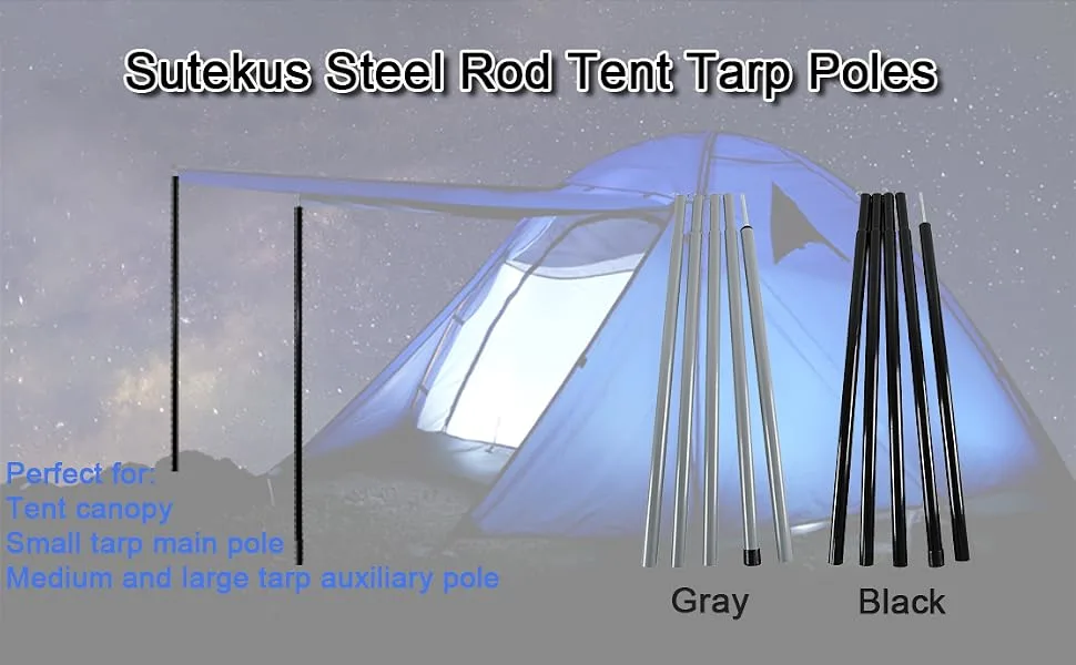 Sutekus Steel Rod Tent Pole Replacement Accessorie 2pc/Set Adjustable Bars Black - product information 2