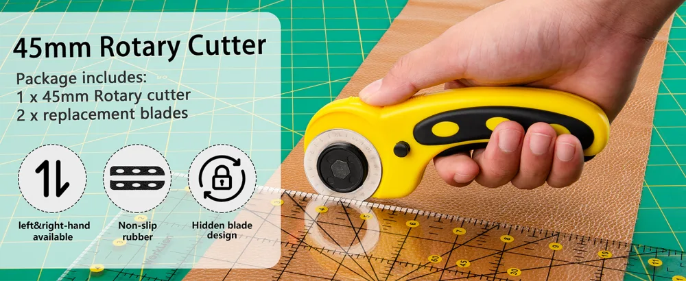 WORKLION 45mm Rotary Cutter Set: Ergonomic Rotary Cutter with Safety Lock and 2 Replacement Rotary Cutter Blades for Sewing Quilting Scrapbooking and Arts & Crafts Projects - rotary cutter