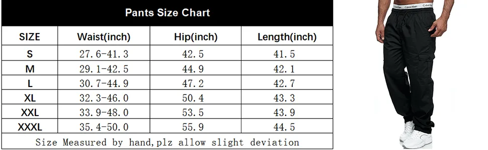 THWEI Mens Cargo Pants Casual Drawstring Athletic Jogger Sports Outdoor Trousers X-Large Black - size chart