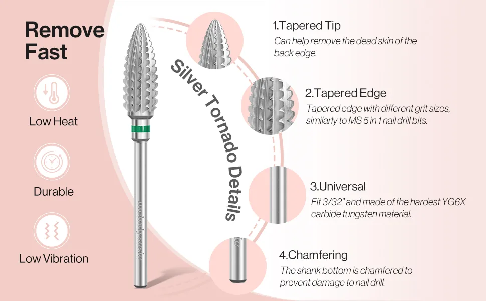MelodySusie Professional Tornado Nail Drill Bits, 3/32'' Carbide Tungsten Multi-function Bits, Suitable for Manicure Pedicure Cuticle Gel Polishing, Salon Bits, Silver, Series Bit-X, Coarse Coarse-C Oval Tornado Bit - bits