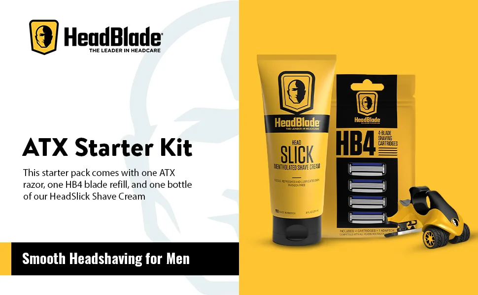 ATX Men's Head Shaving Basics Bundle with 8oz HeadSlick Cream, Razor, Blade Refills - Close Shave Kit with An Easier and Faster Shave 8 Ounce - ATX razor, headblade, head shave, bear shave, dual suspension