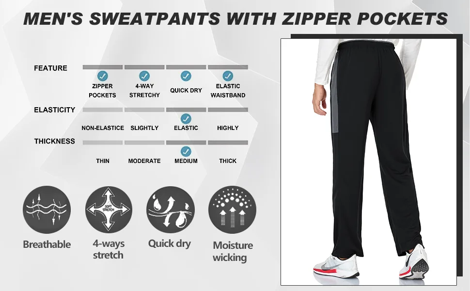 SPOSULEI Men's Sweatpants with Zipper Pockets Open Bottom Athletic Pants for Jogging, Workout, Gym, Running, Training Small Black - Mens Workout Athletic Hiking Sweatpants Joggers Pants Elastic Waist Jogging Running Pants for Men