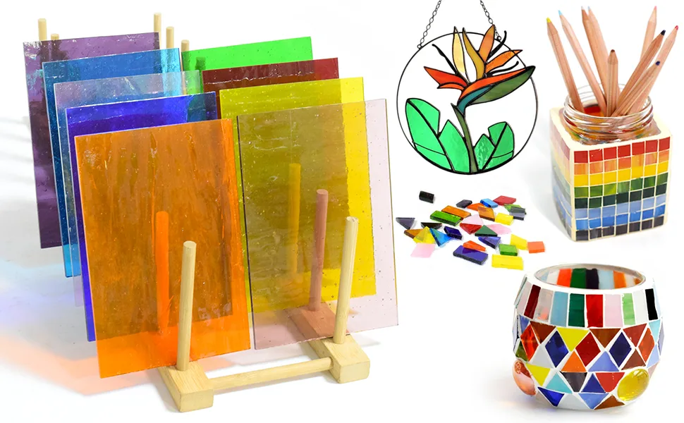 Wecrejoni 9 Sheets Stained Glass Sheets 4 X 6 Cathedral Art Glass,for Crafts and Mosaic Making 9 Sheets Mixed Stained Glass Kit (Style 2) - stain glass