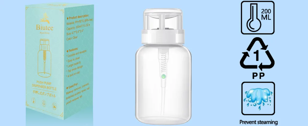 Biutee Cleaner Bottle Clear Bottle 1 PCS Push Down Empty Lockable Pump Dispenser Bottle for Nail Polish and Makeup Remover 200ml (1 PCS) - product information 12