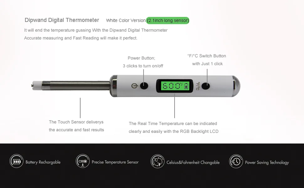 Dipwand Surface Temperature Reader, with 2.1 inch Long Probe Sensor | Portable Surface Thermometer | RGB Backlight LCD Screen White - Dipwand digital thermometer for quartz