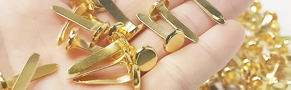 100 Pcs Brass Paper Fasteners, 8x17mm Plated Mini Brads for Scrapbooking Crafts DIY Projects (Gold) - Round head fasteners