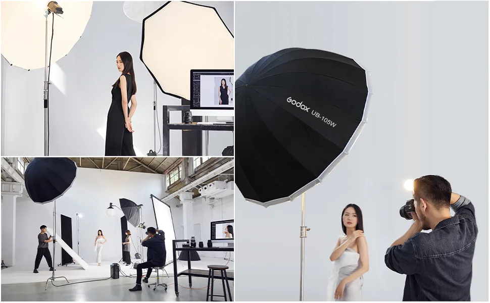 Godox UB-105W 41.3" 105cm Parabolic Deep Reflective Umbrella White Inner Studio Soft Light Umbrella with Withe Diffuser Cover for Photography Video Studio Shooting 105White-inner - product information 36