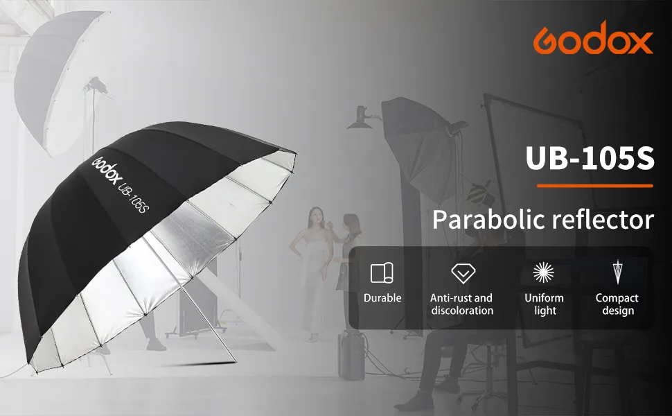 Godox UB-105S 41.3" 105cm Silver Inner Parabolic Deep Reflective Umbrella Photography Studio Soft Light Umbrella with Withe Diffuser Cover for Video Studio Shooting 105Silver-inner - product information 31