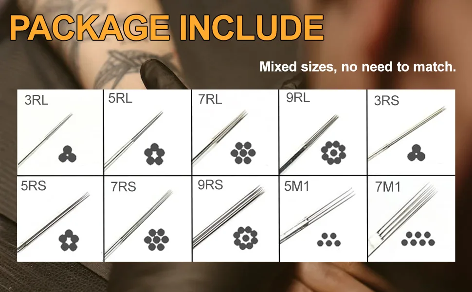 TONBAO 100pcs Stick and Poke Needles 3RL, 5RL, 7RL, 9RL, 3RS, 5RS, 7RS, 9RS, 5M1, 7M1 - tattoo needles