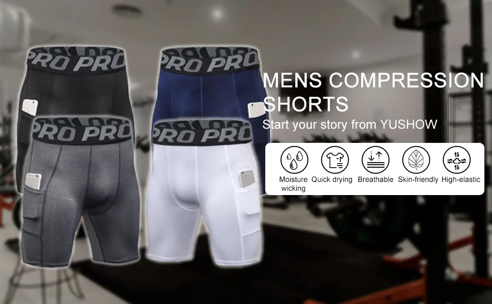 YUSHOW Mens Compression Shorts with Pocket Spandex Sports Running Quick Dry Shorts Compression Underwear for Men Athletic Medium Black - mens compression shorts