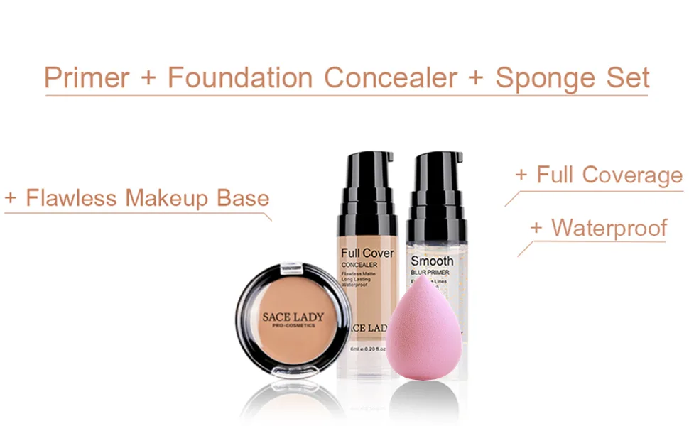 Waterproof Full Coverage Concealer with Primer Sponge Set, Smooth Matte Flawless Creamy Liquid Foundation Corrector Makeup Kit for Face Eye Dark Circle Spot Acne Scar Cover (0.2Fl, Warm Natural) - concealer makeup set