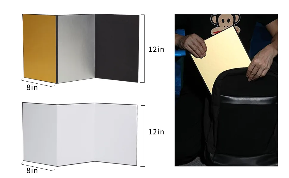 BEIYANG 4 in1 Cardboard Light Reflector for Photography, 12x8 in White Black Silver Gold Matte Foil Absorb Thick Reflective Cardboard - cardboard