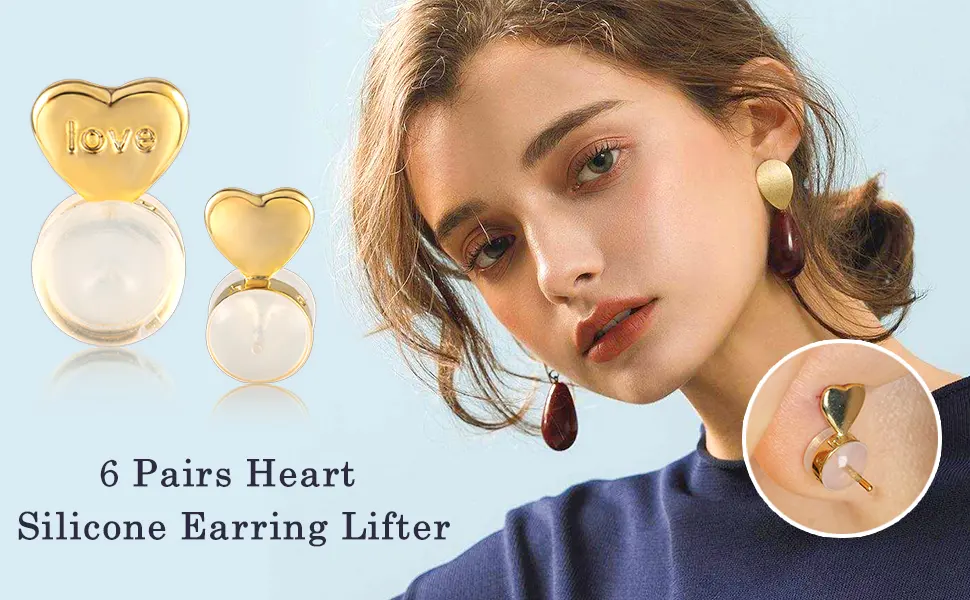 6PCS Heart Silicone Earring Lifter, 14K Gold Plated Love Earring Backs for Studs/Droopy Ears, Hypoallergenic Secure Earring Backs Replacements for Heavy Earrings - product information 24