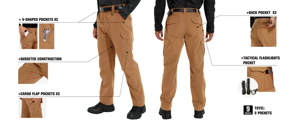 KFUBUO Men's Lightweight Ripstop Tactical Cargo Pants, Water Resistant Hiking Work Pants Relaxed Fit Black 28W x 30L - 9 Total Pocket