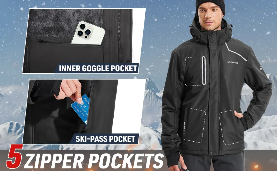 Ewedoos Wind-stopping Waterproof Ski Jacket Men Winter Snow Jacket for Men Snowboard Jacket Men with Detachable Hood Black Large - Waterproof Ski Jacket Men Winter Snow Jacket for Men Snowboard Jacket Men
