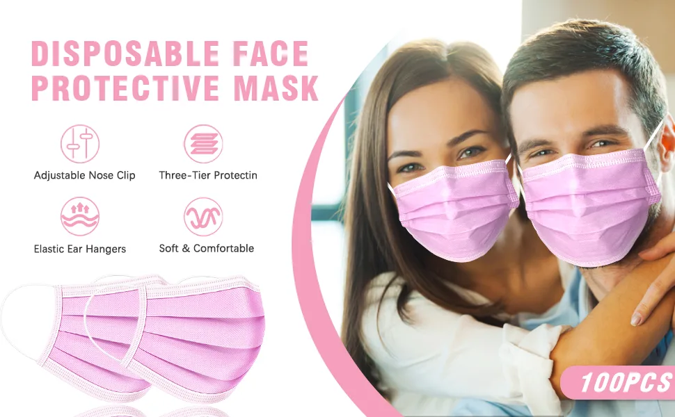 DC-BEAUTIFUL 100 Pcs Pink Disposable 3 Ply Earloop Face Masks,Fit for Adults - product information 1