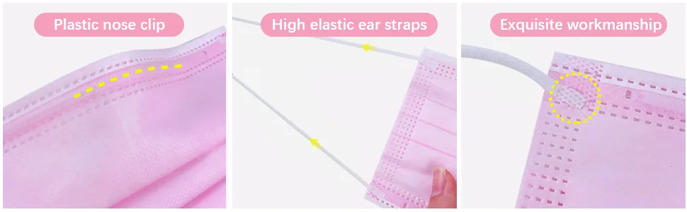 DC-BEAUTIFUL 100 Pcs Pink Disposable 3 Ply Earloop Face Masks,Fit for Adults - product information 2