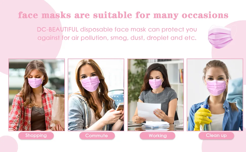 DC-BEAUTIFUL 100 Pcs Pink Disposable 3 Ply Earloop Face Masks,Fit for Adults - product information 4