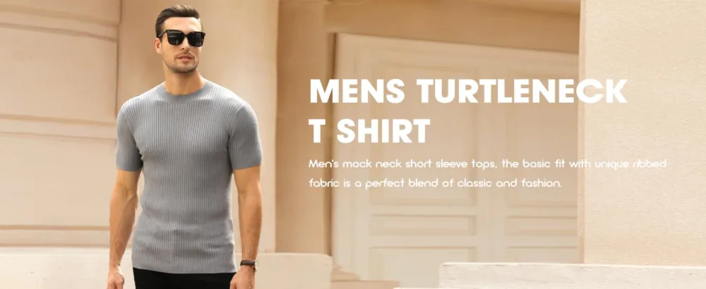 Mens Casual Slim Fit Basic Tops Short Sleeve Shirt Turtleneck T Shirts Rib Knitted Stretch Pullover Sweater Medium 01 Black - DISPALY