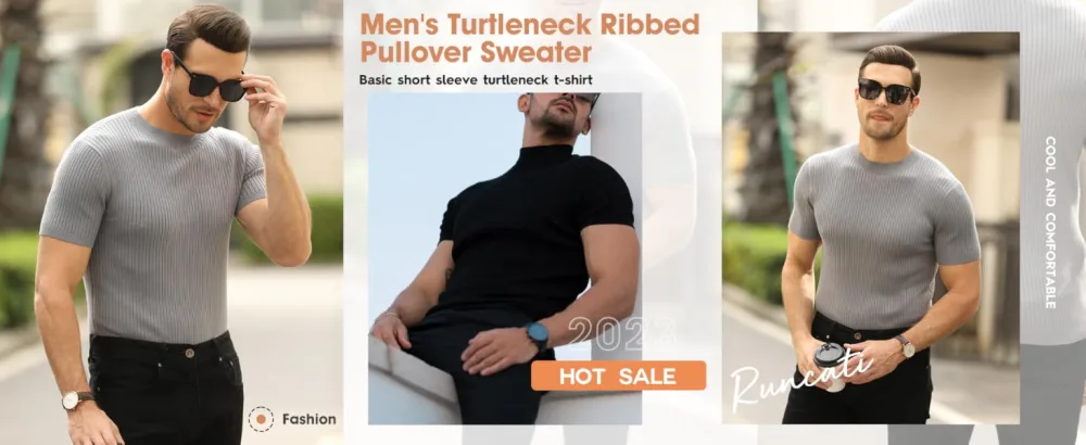Mens Casual Slim Fit Basic Tops Short Sleeve Shirt Turtleneck T Shirts Rib Knitted Stretch Pullover Sweater Medium 01 Black - DISPALY