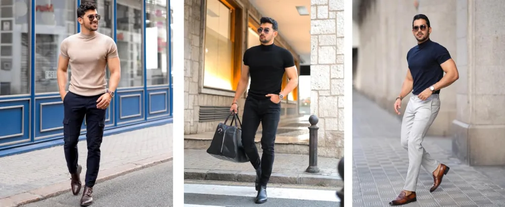 Mens Casual Slim Fit Basic Tops Short Sleeve Shirt Turtleneck T Shirts Rib Knitted Stretch Pullover Sweater Medium 01 Black - dispaly