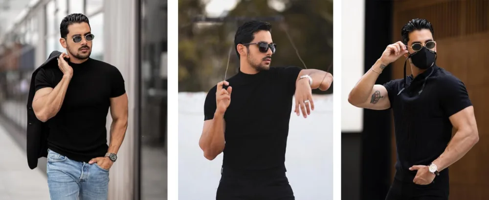 Mens Casual Slim Fit Basic Tops Short Sleeve Shirt Turtleneck T Shirts Rib Knitted Stretch Pullover Sweater Medium 01 Black - dispaly