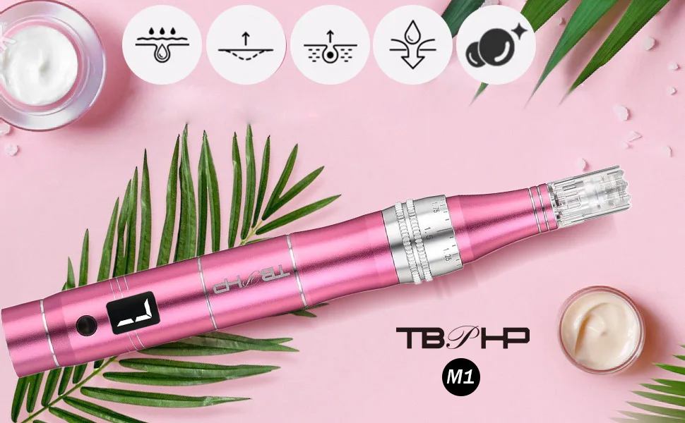 TBPHP M1 Electric Derma Beauty Pen Professional at-Home Kit with 12Pcs Replacement Cartridges - trusty Skin Care Tool Kit (Pink) - TBPHP