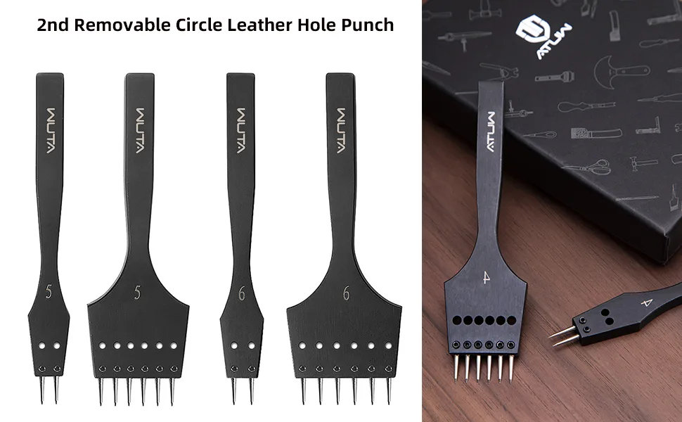 WUTA Removable Circle Leather Hole Punch Lacing Stitching Professional Working Hand Tool Kit Round Hole Puncher Craft Chisel Branding Design Circular Cutting Punches Kits (60 Pcs Chisel Head) - Removable Circle Leather Hole Punch