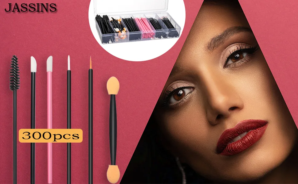 300pcs Disposable Makeup Tool Kit,Brow brush/Mascara brush/Lip Applicators/Eyeshadow applicators/Eyeliner brush,JASSINS Makeup Disposable Accessories With Organizer Box - product information 18