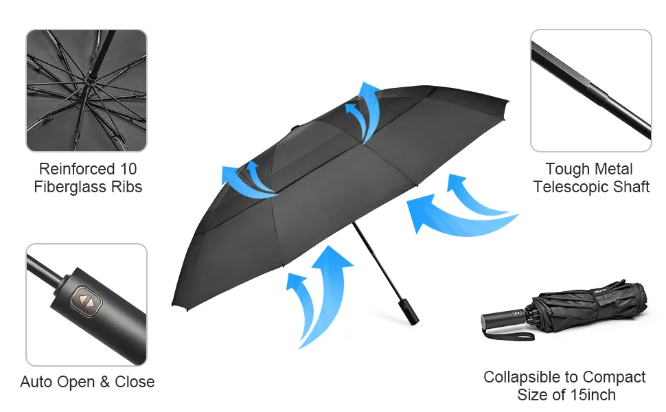 G4Free 62 Inch Large Golf Umbrella Compact Reverse Travel Umbrella 10 Ribs Windproof for Rain Double Canopy Automatic Open Close Blue - product information 20