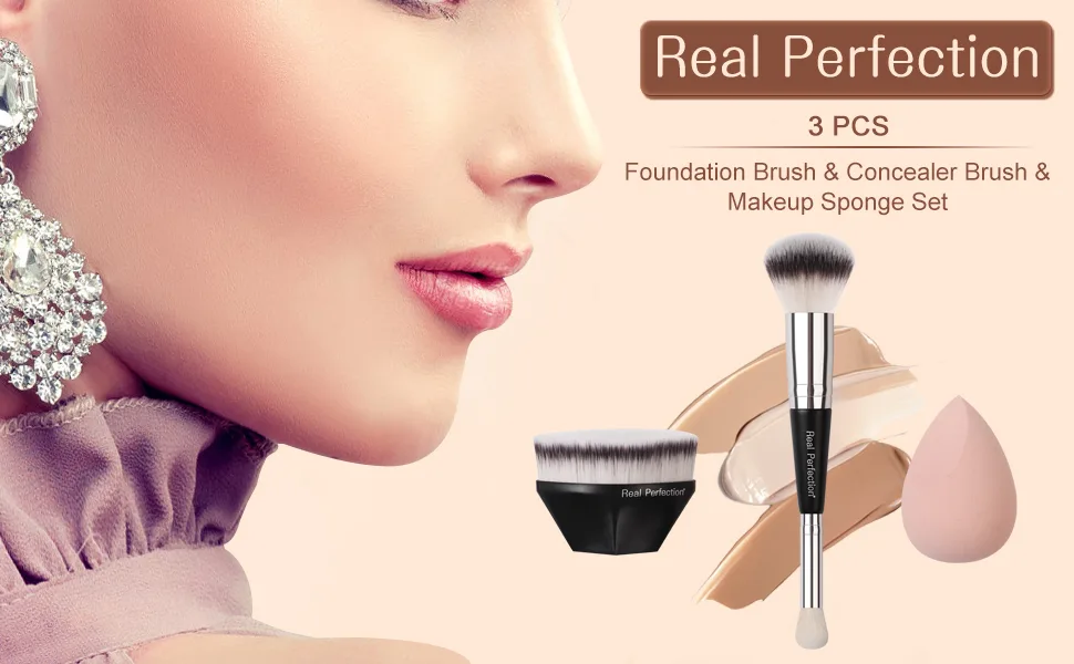 Real Perfection Foundation Brushes Makeup Brushes Set Kabuki Brush Dual-sided Blush Concealer Brush Makeup Brush Set Sponge Ideal for Blending Buffing Foundation Cream Powder Make up Brushes Tool Kit - Real Perfection Foundation Brush Kabuki Brush Dual-sided Blush Concealer Brush Makeup Sponge Set