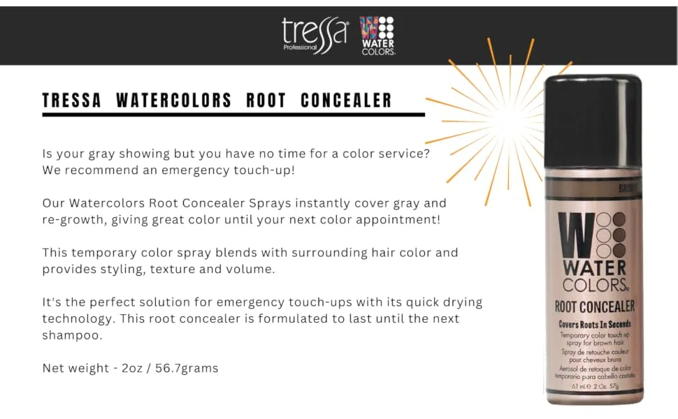WATERCOLORS ROOT CONCEALER TOUCH-UP, TEXTURE, VOLUME SPRAY. Professional Salon Quality Cover Up for gray roots and regrowth -2oz BROWN ROOT CONCEALER - Brown root touch up spray, root concealer,color wow,style edit, dry shampoo, texture spray