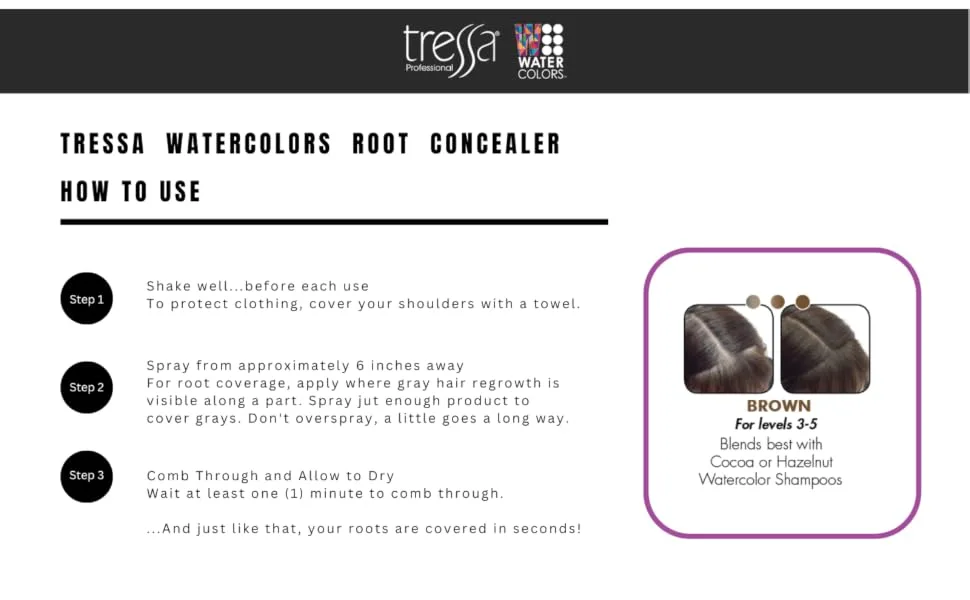 WATERCOLORS ROOT CONCEALER TOUCH-UP, TEXTURE, VOLUME SPRAY. Professional Salon Quality Cover Up for gray roots and regrowth -2oz BROWN ROOT CONCEALER - Brown root touch up spray, root concealer,color wow,style edit, dry shampoo, texture spray